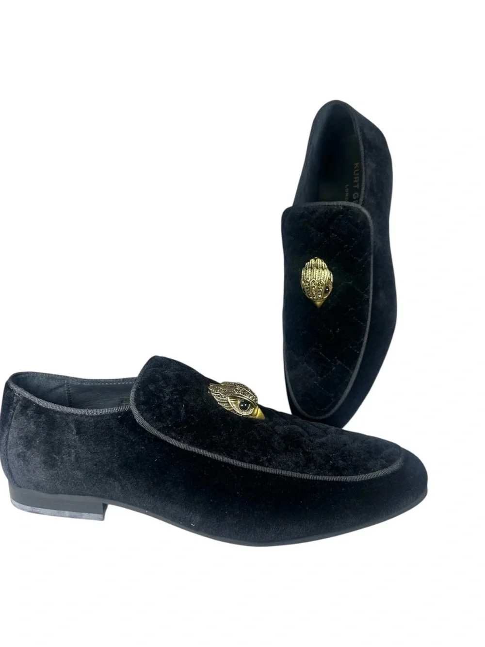 Kurt Geiger Men’s Black Quilted Velvet Loafers with Gold Emblem